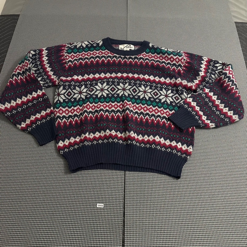 Vintage Steep Slopes Fair Isle Snowflake Sweater Mens Medium Navy Red Knit Korea